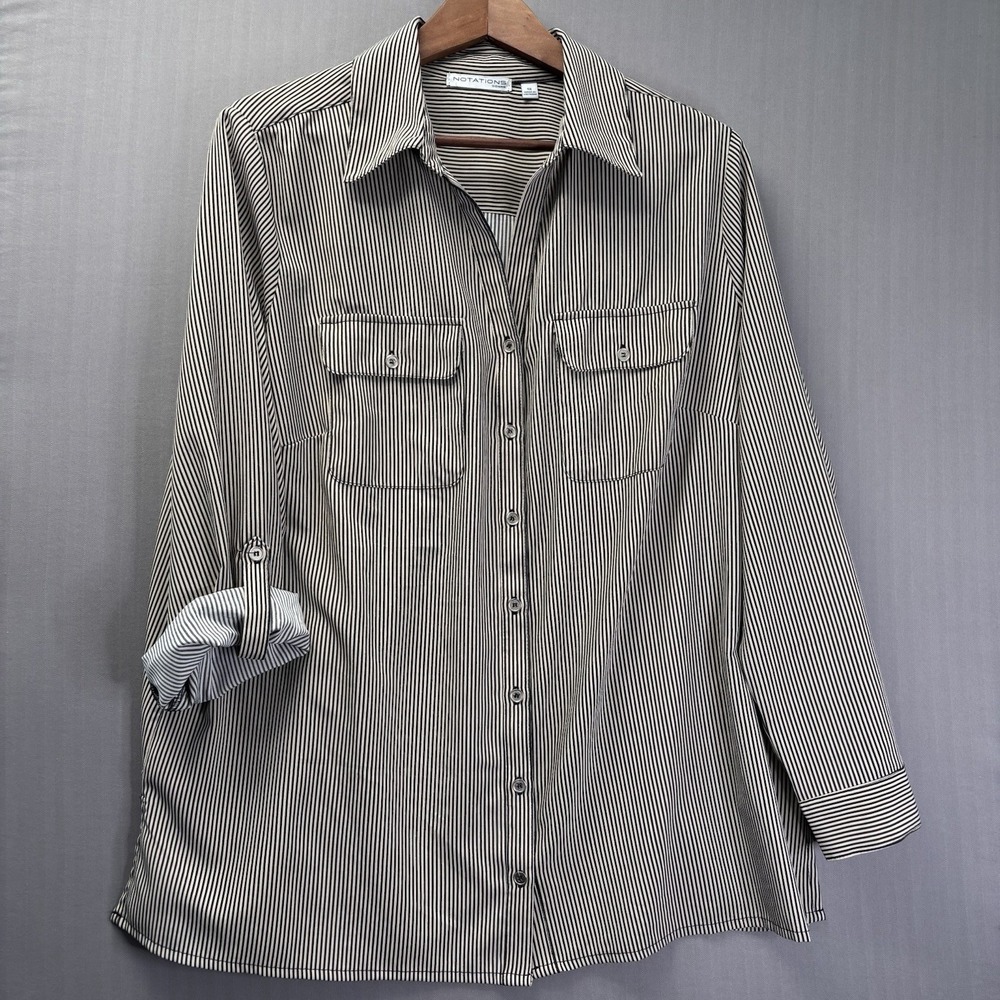 Notations Woman Shirt Size 1X Black Khaki Pinstripe Roll Tab Sleeve Button Down